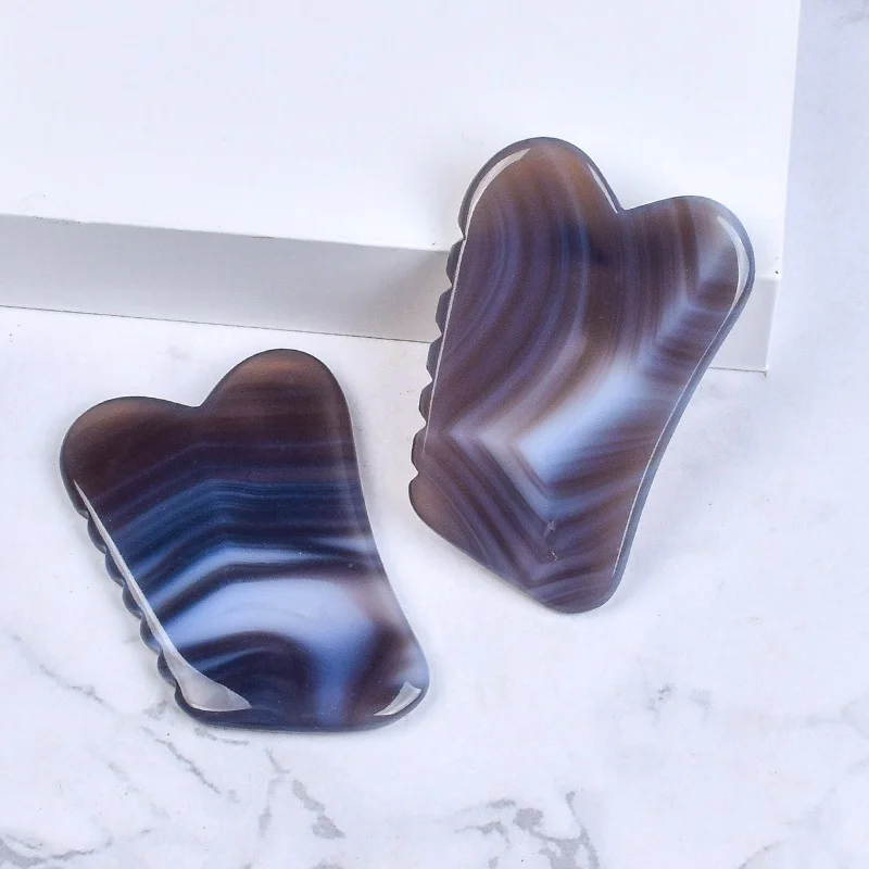 Best Selling Natural Grey Agate Stone Toothed Facial Guasha Skincare Tool Custom Logo Gray Jade Face Gua Sha Massager With Teeth