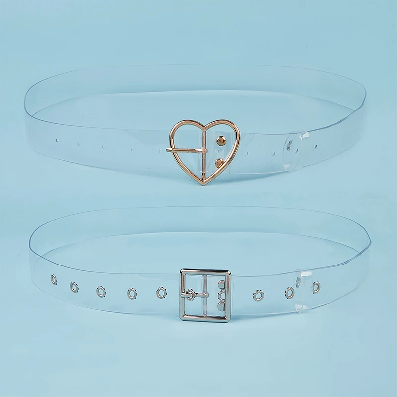 2PCS Fully Clear Belts Female Silver Square Pin Buckle And Gold Heart Pin Buckle PVC Plastic Transparent Belts