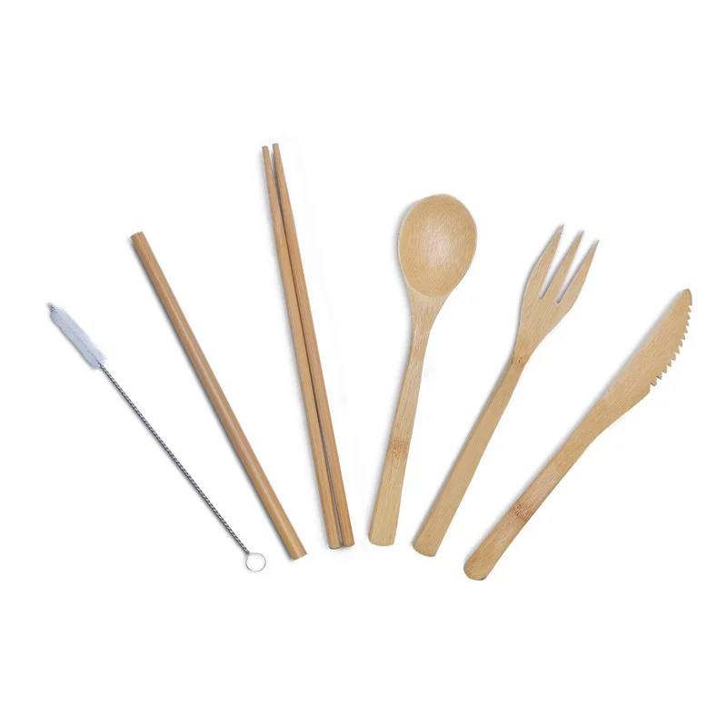 
6pcs Travel Bamboo Cutlery Set With Straw 