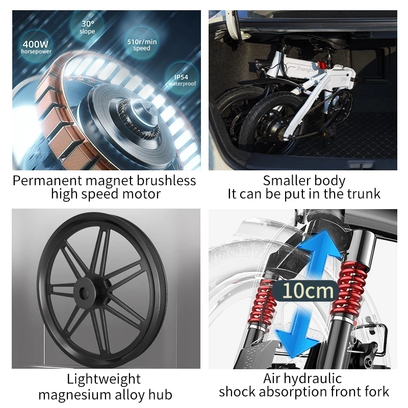 ZHENGBU D6 illuminate Glow 14INCH Aluminum ebike folding electric bicycle mini electric bike