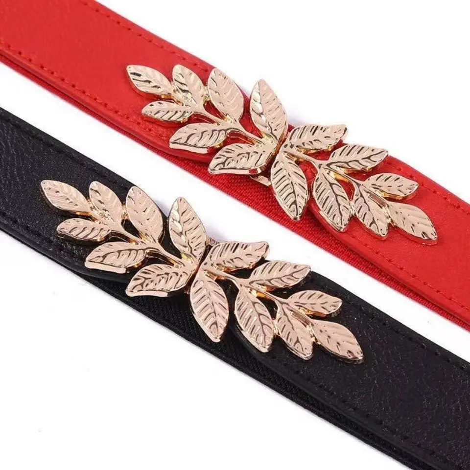 100CM PU Leather Stretch Waistband Skirt Waist Decor Tie Belt Girdle Adornment Jeans Sash Gold Leaf Buckle Dress Belts for Women