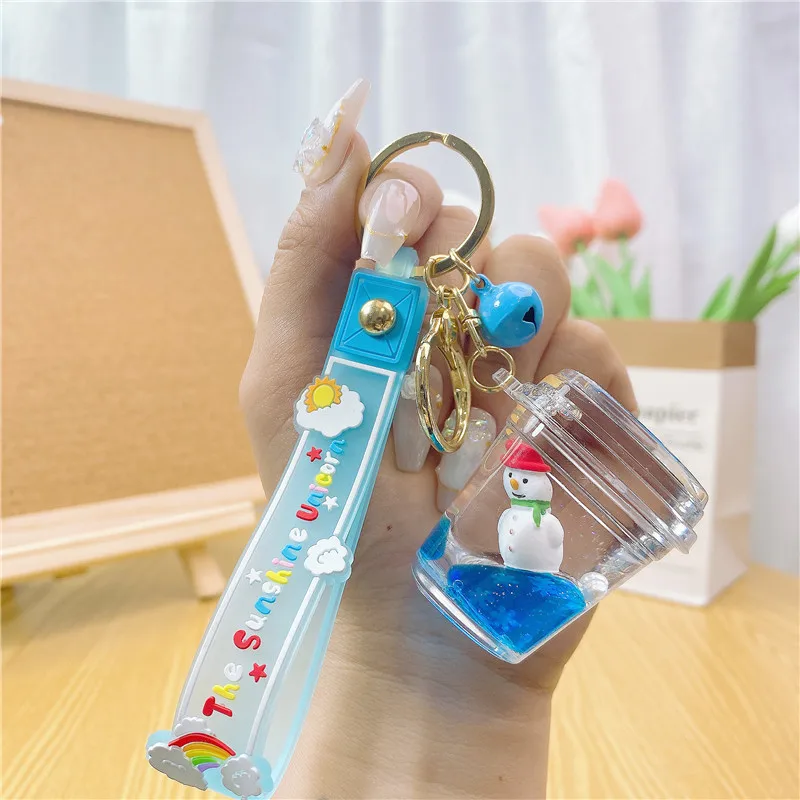 Creative Xmas Gift Quicksand Drift Bottle Car Keyring Cartoon Liquid Sock Snowman Santa Claus Christmas Tree Keychain