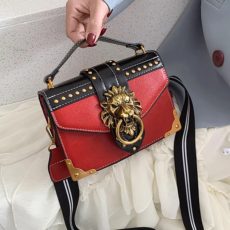 2024 New Fashion European American Retro Style PU Handbag Lion Lady Patterned Messenger Bag Geometric Pillow Flower Decor Rivet