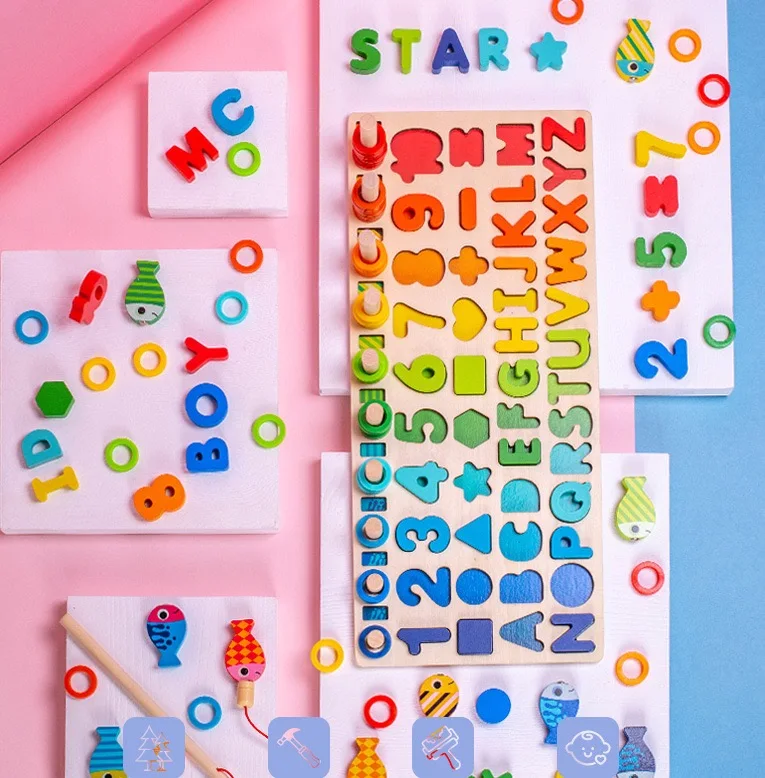 Wholesale Montessori Educational Mathematics Smart Games Fishing Sensory Toys Geometric Shapes Wooden Baby Toy