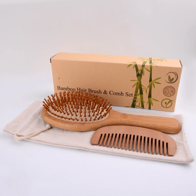 Wholesale  Customized bamboo handle hair brush boxed set bamboo Needle Bamboo Hair Brush Set