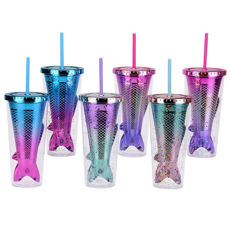 Wholesale Reusable Tumbler 12oz Double Wall Plastic Acrylic Ocean Series Bling Mermaid Tail Dome Lid Tumbler with Straw