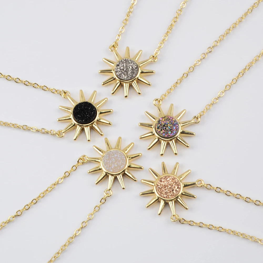 Fashion 18k gold plated women natural agate drusy pendant necklace waterproof sun druzy necklace