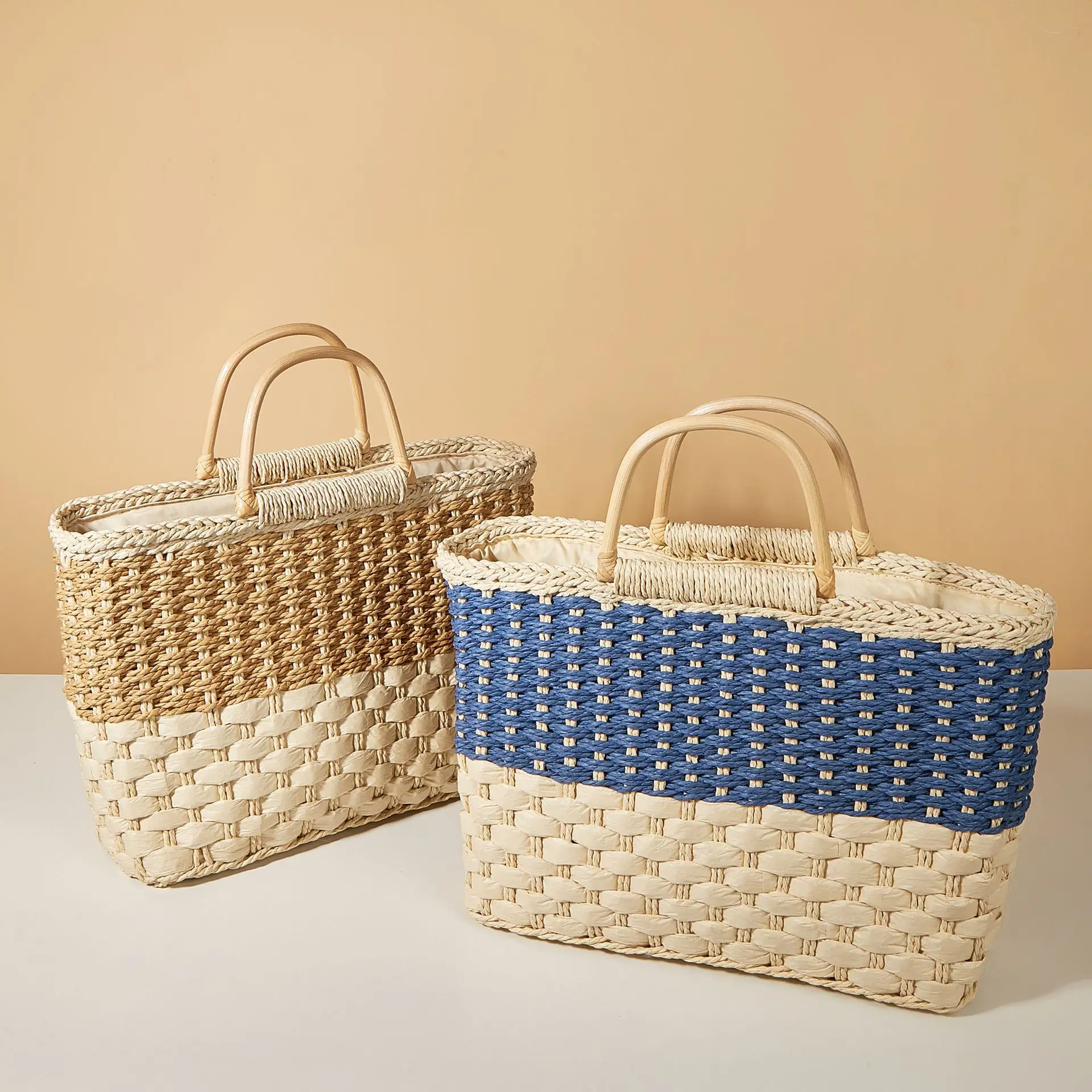 Fashion Casual Woven Handmade Ladies Straw Multicolor Basket Tote Bag Vintage Women Shopping Handbag Stick Handles Big Capacity
