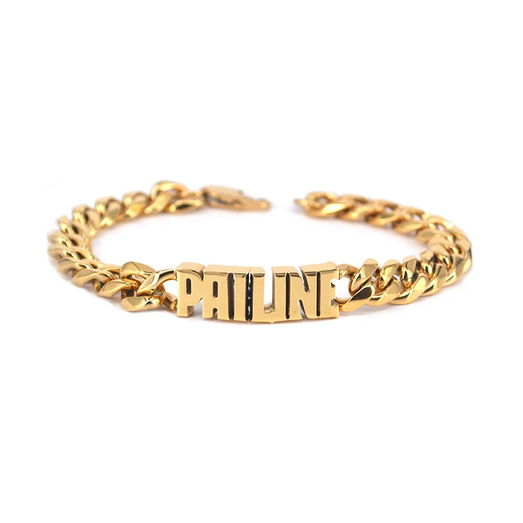 Designer custom luxury jewelry initial name hand cuban link chain adjustable 18k gold plated stainless steel men bracelets