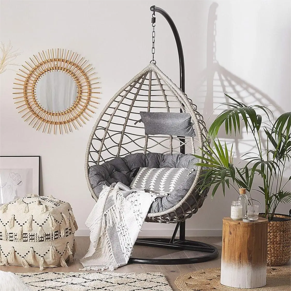 Wholesale High Quality Rattan Modern Hanging Basket Chair with Black Frame and Cushion Grey Patio Swings Outdoor Furniture