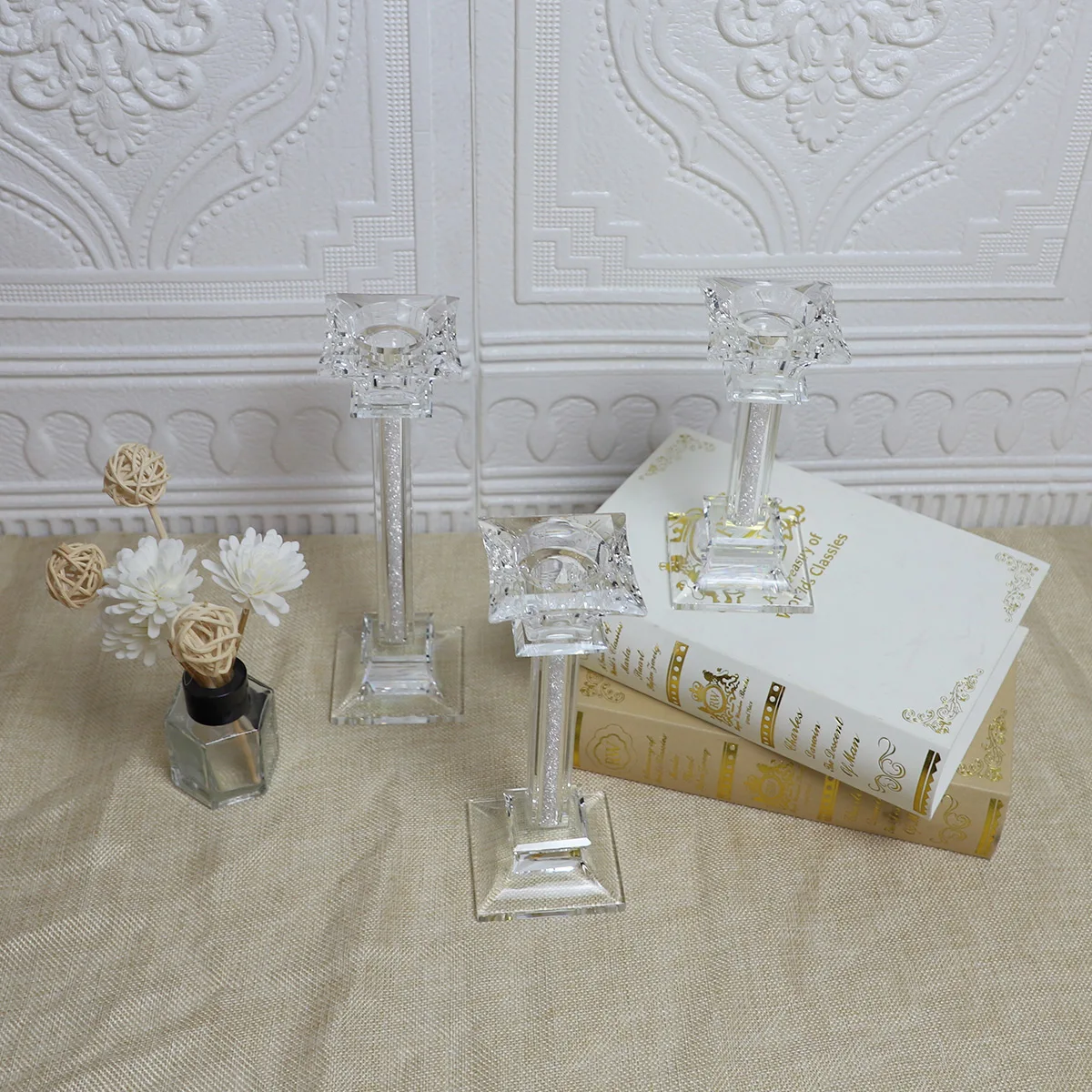 China wholesale customized indoor decorative tall crystal taper pillar glass candle holders manufacturers for wedding decoration