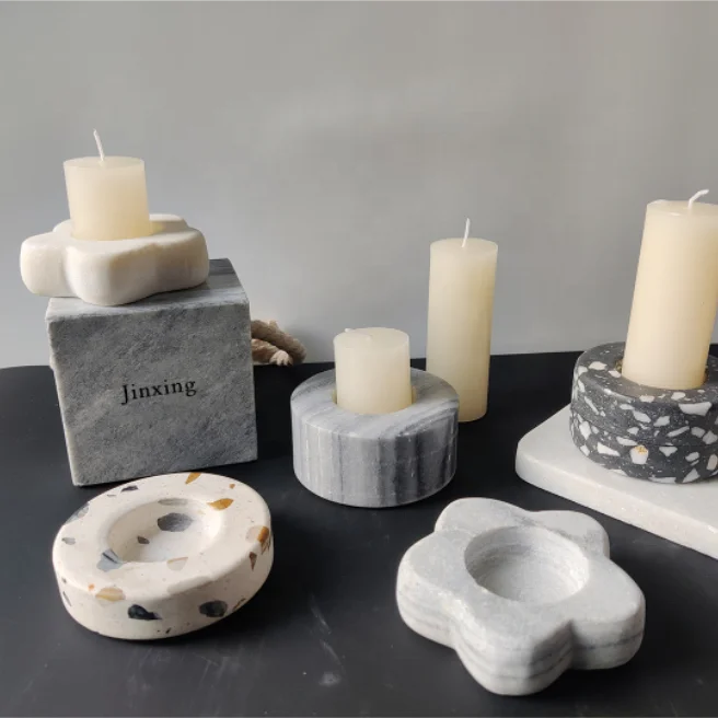 
Natural marble terrazzo durable ornamental pragmatic round candlestick set for home decoration 