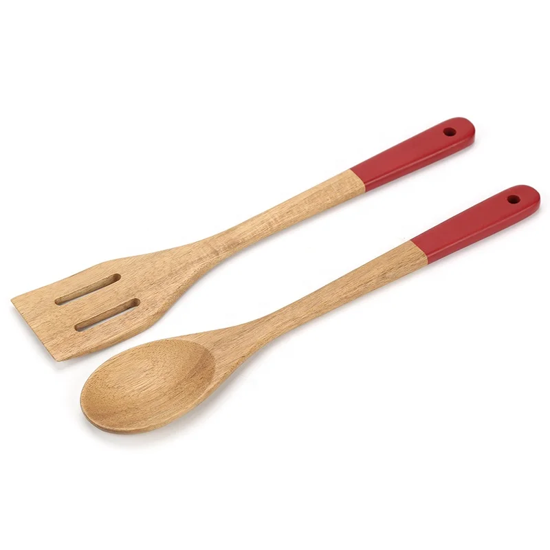 High Quality Acacia Wood Cooking Set 2Pcs Wooden Solid Spoon Slotted Turner Kitchenware With Color Printing Handle Hanging Hole
