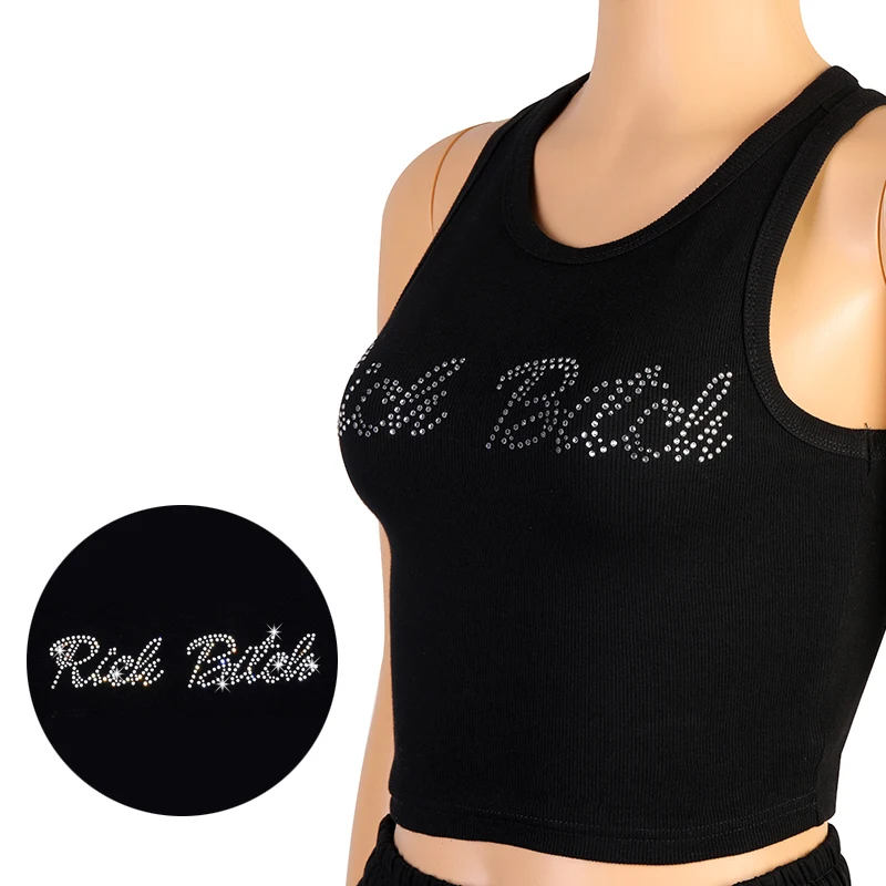  custom your own rhinestone design knitted crop tank tops sleeveless o-neck flexible slim Women