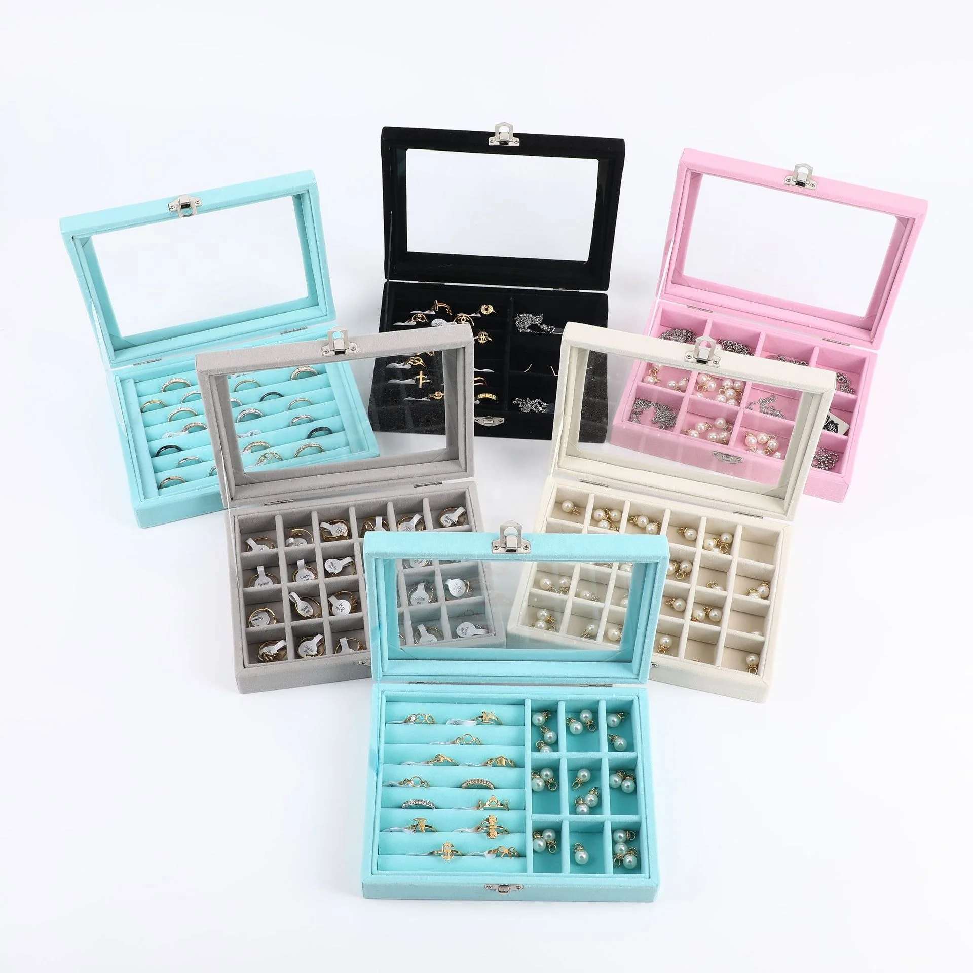 Оптовая продажа, розовый, черный, синий, большой бархатный, Красный Футляр для ювелирных изделий, органайзер для хранения сережек со стеклянным окном