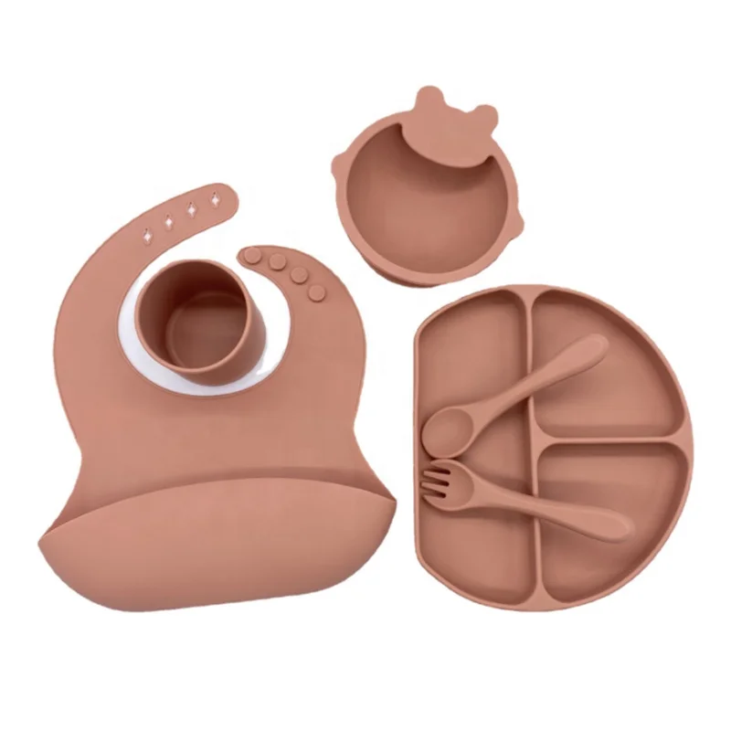 Baby Gift Set Silicone Baby Feeding Tableware Set Ribbed Silicone Baby Feeding Set Basket