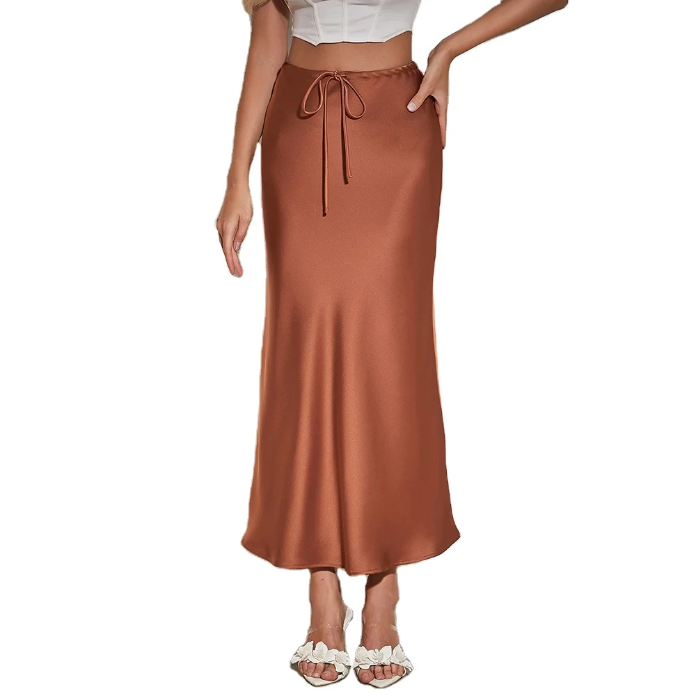 Womens Satin Silk Maxi Skirts Drawstring Flared Casual A-Line Long Skirt for Women