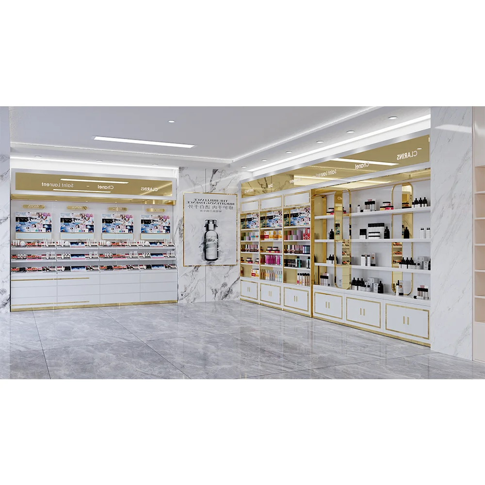 Custom logo led perfume display shelf stand beauty salon white cosmetic make up display table counter