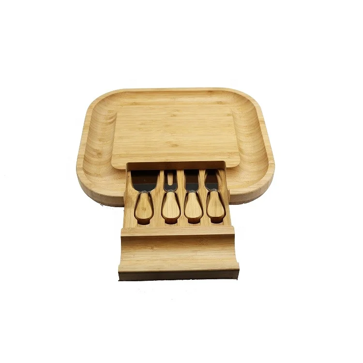 Natural Bamboo Cheese Board with Cutlery Set 4 Pieces Knife Tools with Slide-out Drawer