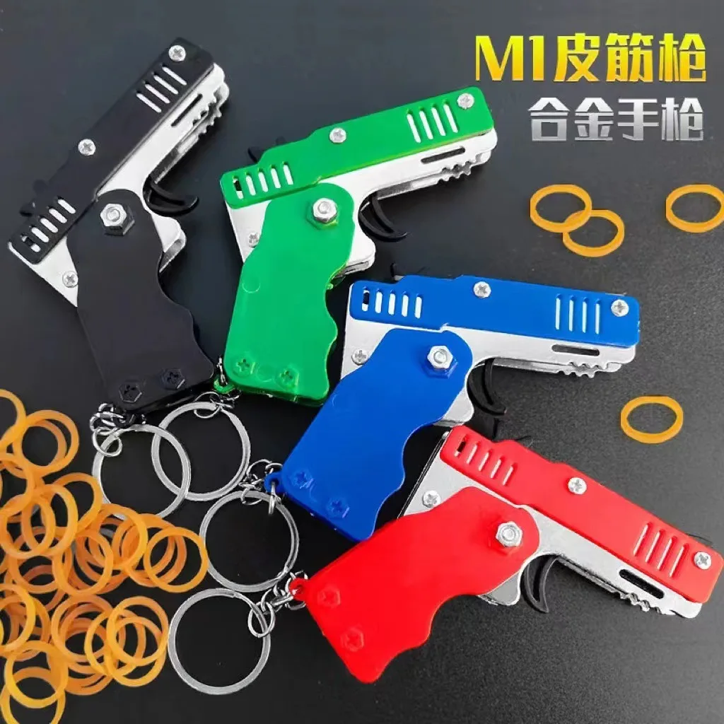 Interesting Toys Mini Metal Folding 6 Shot Rubber Band Gun with Keychain