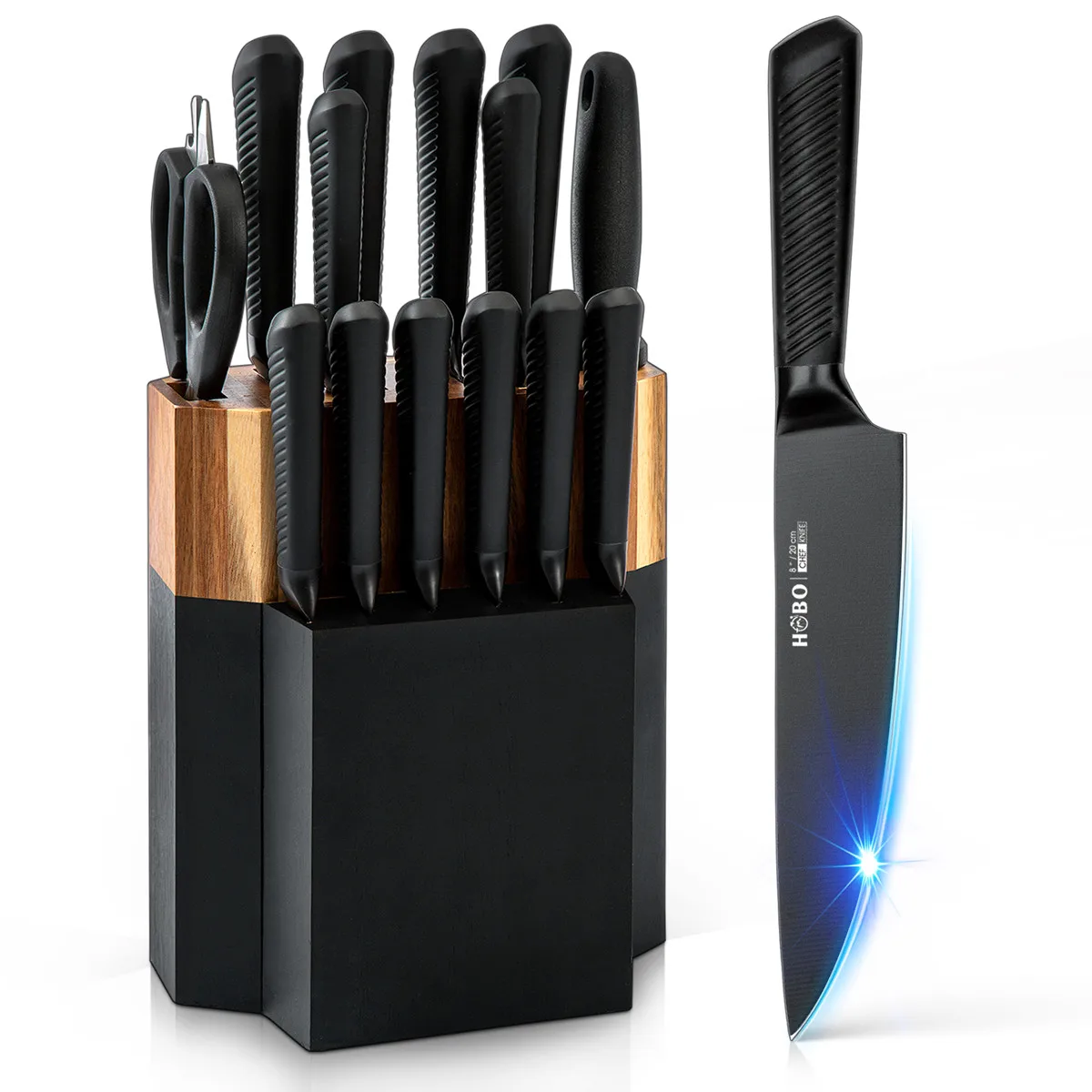15pcs cooking sharpener steak chef multifunctional stainless steel black knife set kitchen knives with wooden block