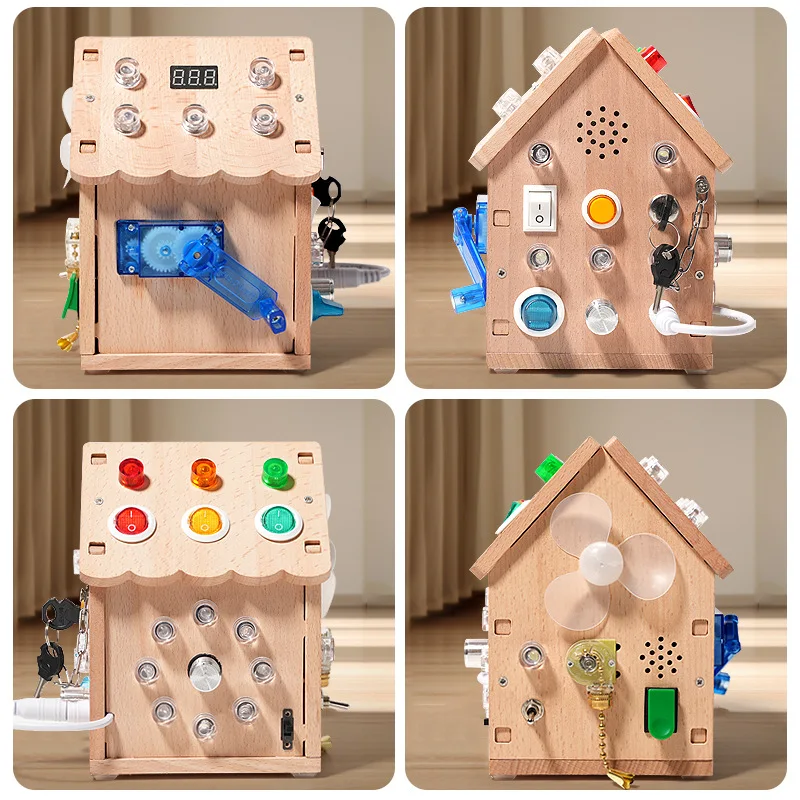 Wooden Montessori Busy Board Sound and Light Busy House Switch Button Cognitive Toys Toddler Sensory Toys