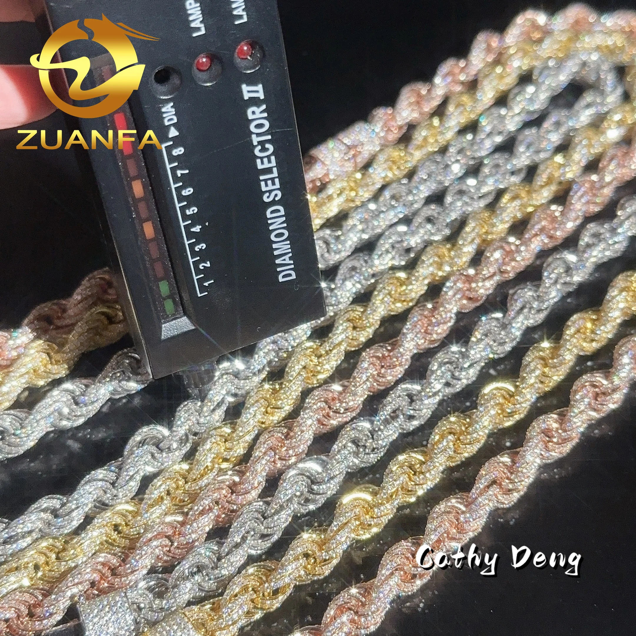10MM 3 Color Twist Silver Rope Chain Fully Iced out Moissanite Diamond Link Bracelet Hip hop Jewelry Men Necklace Chain