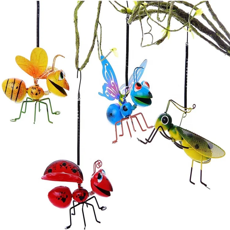 4Pcs Garden Metal Wall Decor Art Hanging Decoration Set  Yellow Bee Blue Butterflies Red Ladybug and Green Mantis