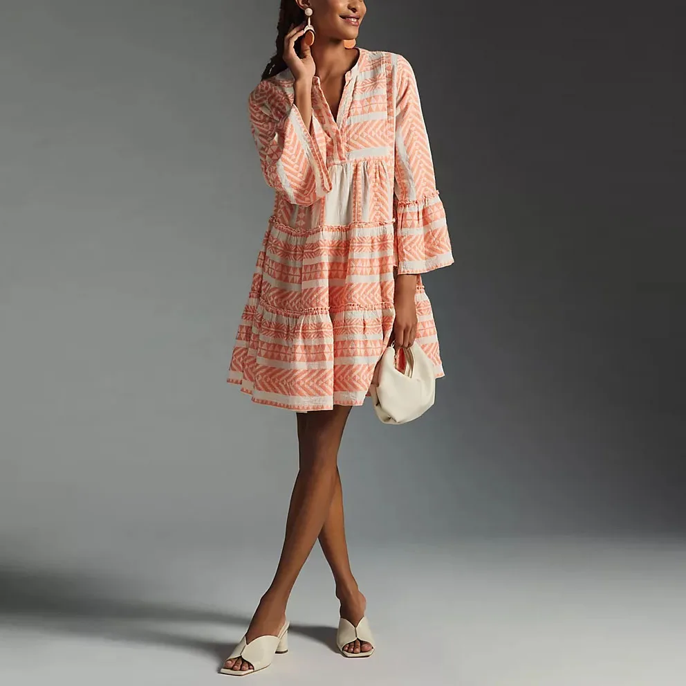 Trendy Women Clothing V Neck Dress Spring Summer Casual Tunic Buttons up Loose Long Sleeve Printed Maxi Dresses for Girls