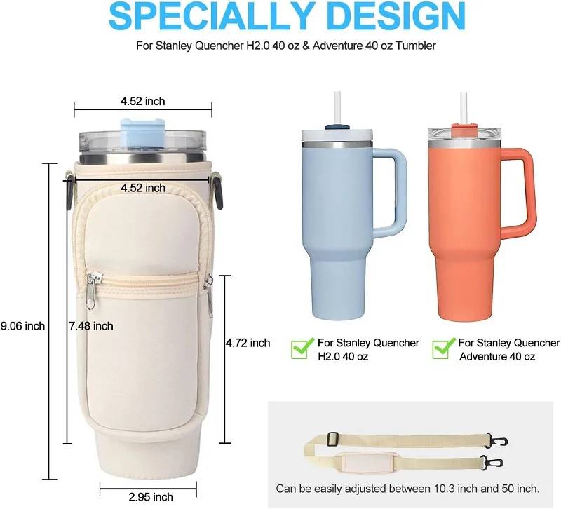 Custom logo neoprene 40oz water bottle carrier sleeve pouch tumbler cup holder sling bag with phone zipper pocket shoulder strap