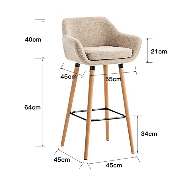 Modern Luxury Customizable Bar Stool High Chair Armrests Fabric Material Wooden Legs