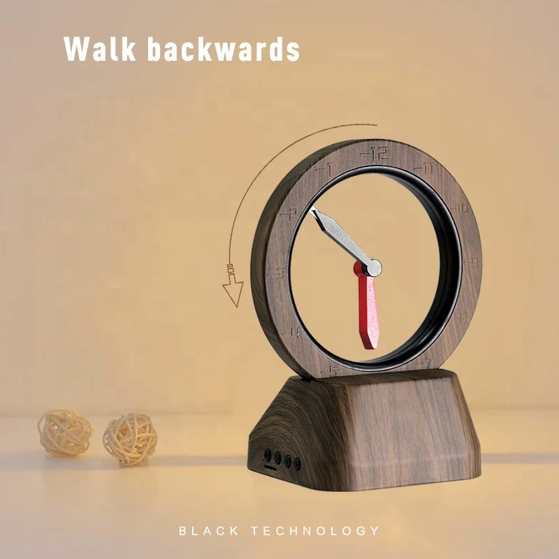 2024 New Floating Clockwise Creative Reverse Clock Vintage Bluetooth Speaker Wooden Desk Clock