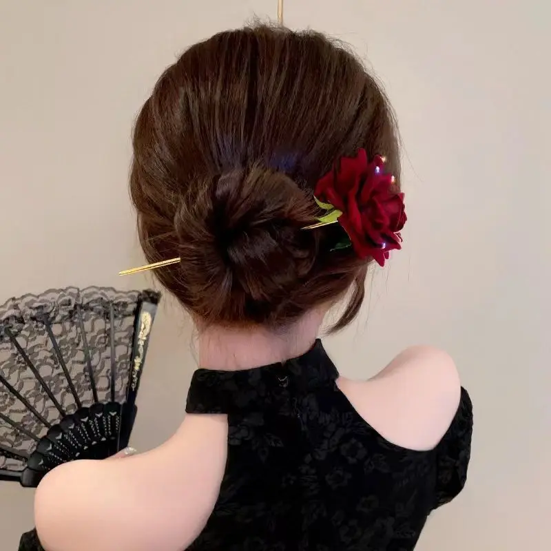 New Fashion Red Rose Flower Hair Forks Wedding Hair Accessories Wood Chinese Hair Sticks