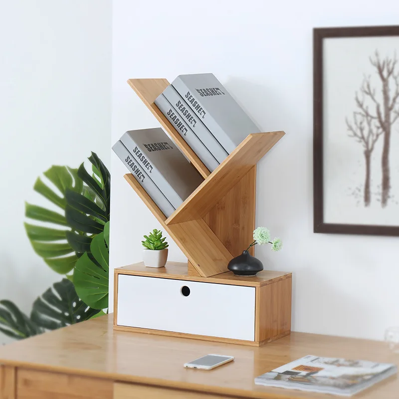 Tree creative bookshelf, bamboo desktop bookshelf with drawer 3 tier independent storage shelf for home, living room, office