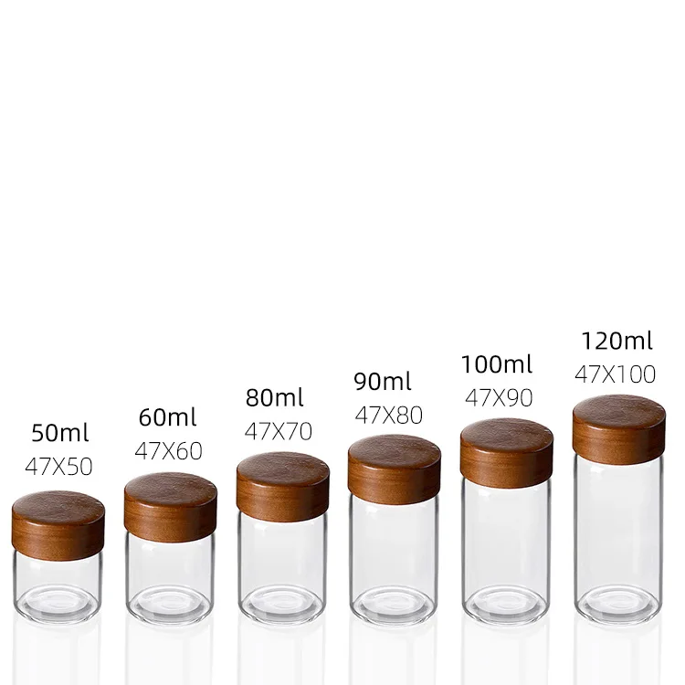 Wholesale Diameter 47mm Glass Bottles with Acacia Wood Lid  for Sample Sub Bottle Storage Bottles Jars