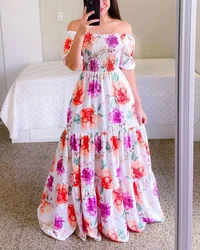Factory Wholesale Manufacturer New Arrival Cheap Price Summer Elegant Clothes Ladies Maxi Clothing Women  One-shoulder Floral Ca