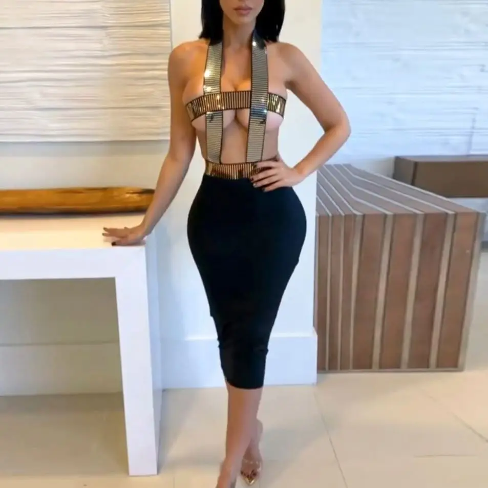 hot sale Trendy Summer 2021 New Designer Extremely Sexy Night Club Women Sequin Bandage Hollow Out Backless Halter Bodycon Dress