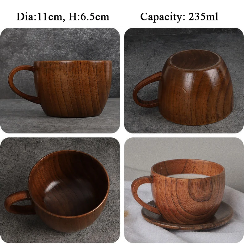 Eco Friendly Natural Wooden Tea Beer Coffee Handle Mug Cup Set With Wood Bottom And Spoon