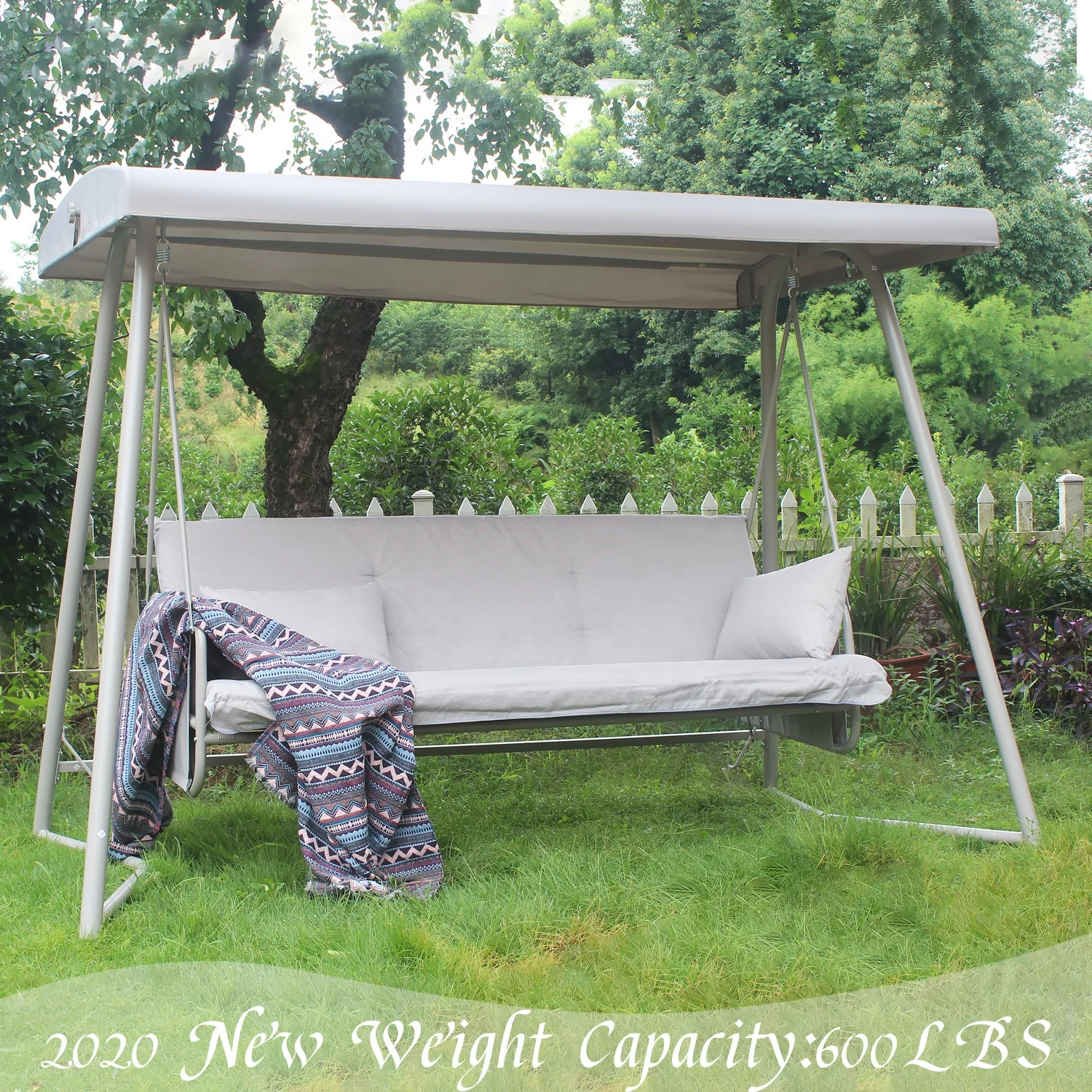 
3-Seat Metal Swing Set with Slide Hanging Daybed and Adjustable Canopy Deluxe Outdoor Patio Porch Swing 