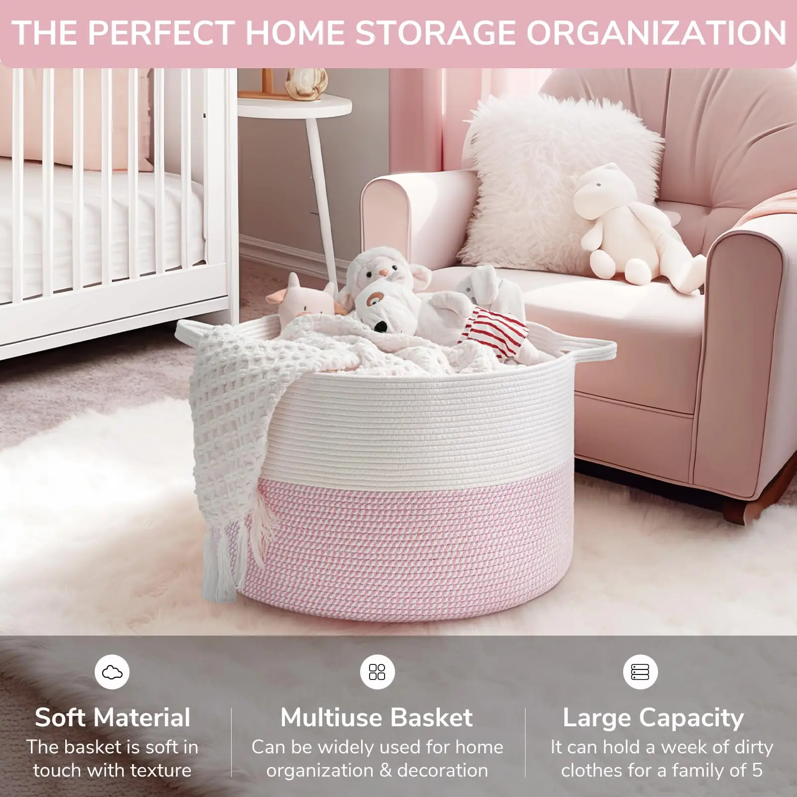 100% Cotton Fabric Large Boho Style Foldable Laundry Basket with Handmade Cotton Rope Handles for Home Clothes Storage