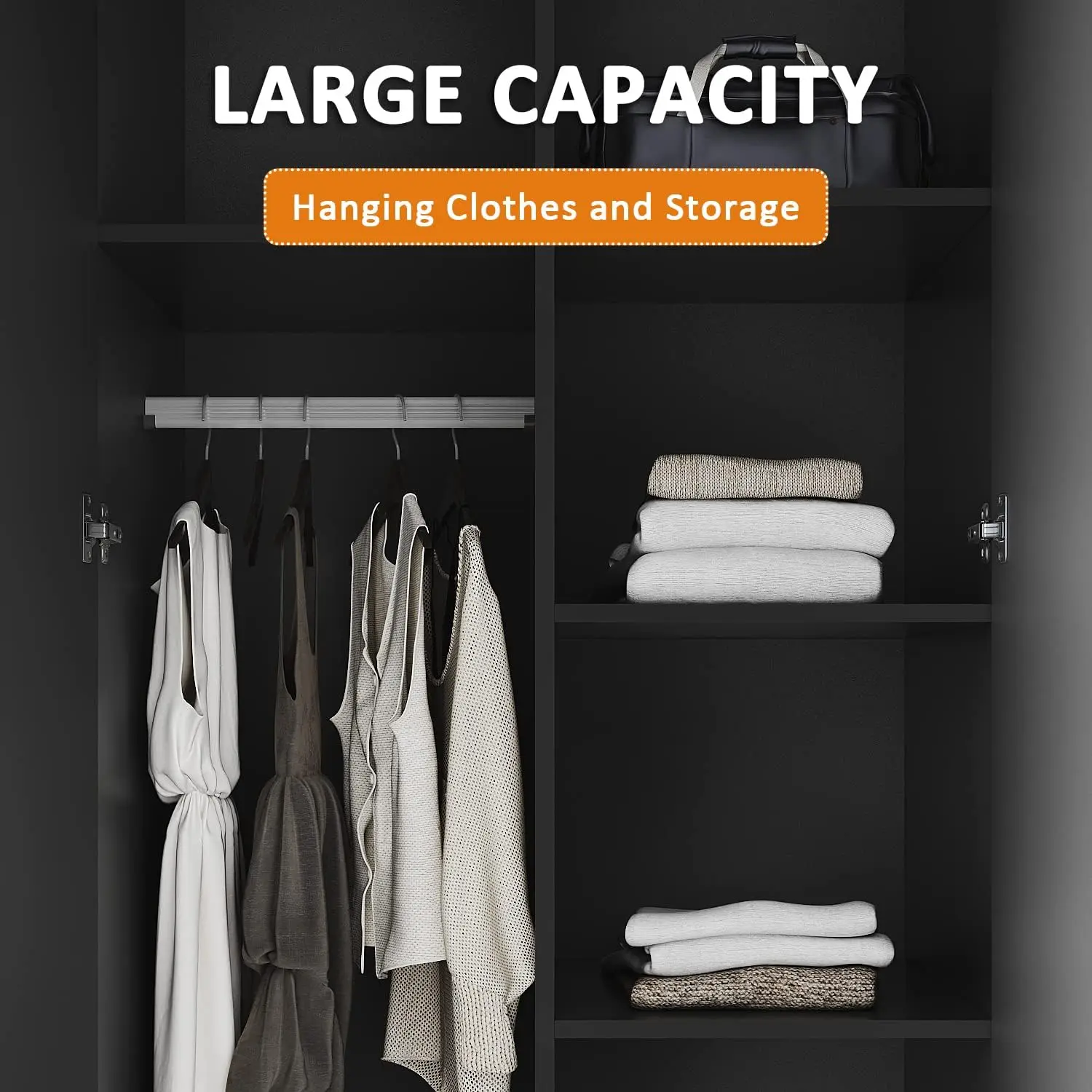 Black Wooden Wardrobe with Multi-Storage Units 2 Drawers Wardrobe with Hanging Rail for Home Bedroom