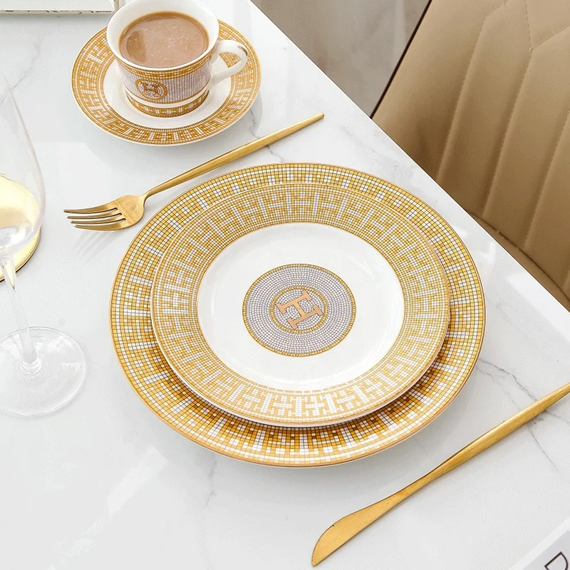 Luxury Golden Mosaic Ceramic Dinner Set Disc Hotel Western Food Plate Sample Room Household Dishes Plates European Tableware