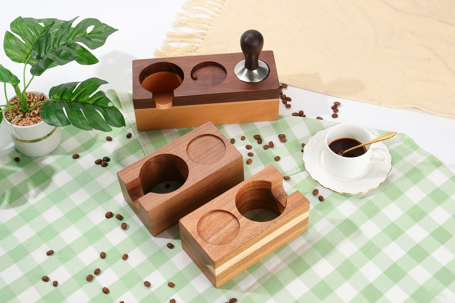 Handmade wooden manual coffee base mash stand holder 3 pieces set custom wholesale 2 and 3 holes 58mm coffee base
