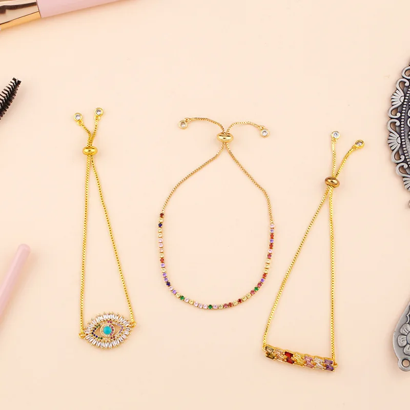 Hot Sale Wedding Cz Cubic Zirconia Rainbow Charms Diamond Golden Turkey Evil Eyes Ankle Bracelet