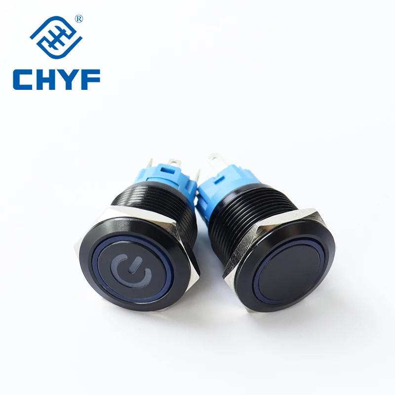 Black Momentary Metal Push Button Switch Power Symbol Ring Lamp 12/16/19/22mm Brass Waterproof IP67 Max Voltage 220V 3A 12mm