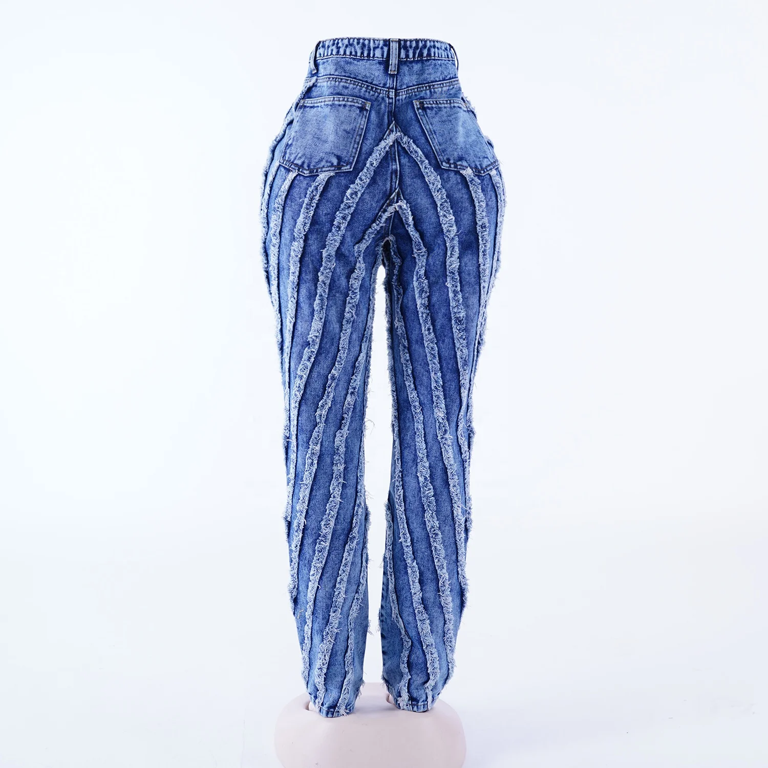 SKYKINGDOM gz longchan custom logo jeans women straight blue jean sets women casual wear stripes tassel jeans big size for woman