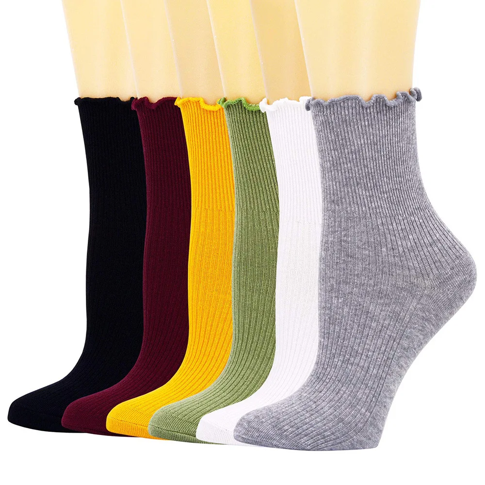 Wholesale Womens Socks Ruffle Turn-Cuff Casual Ankle Socks Breathable Cool Knit Cotton Lettuce Crew Frilly Sock