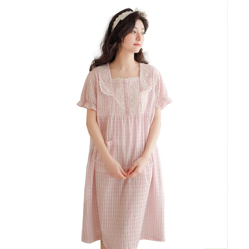 Elegant Cute Lace Cotton Pajama Dress Nightgown