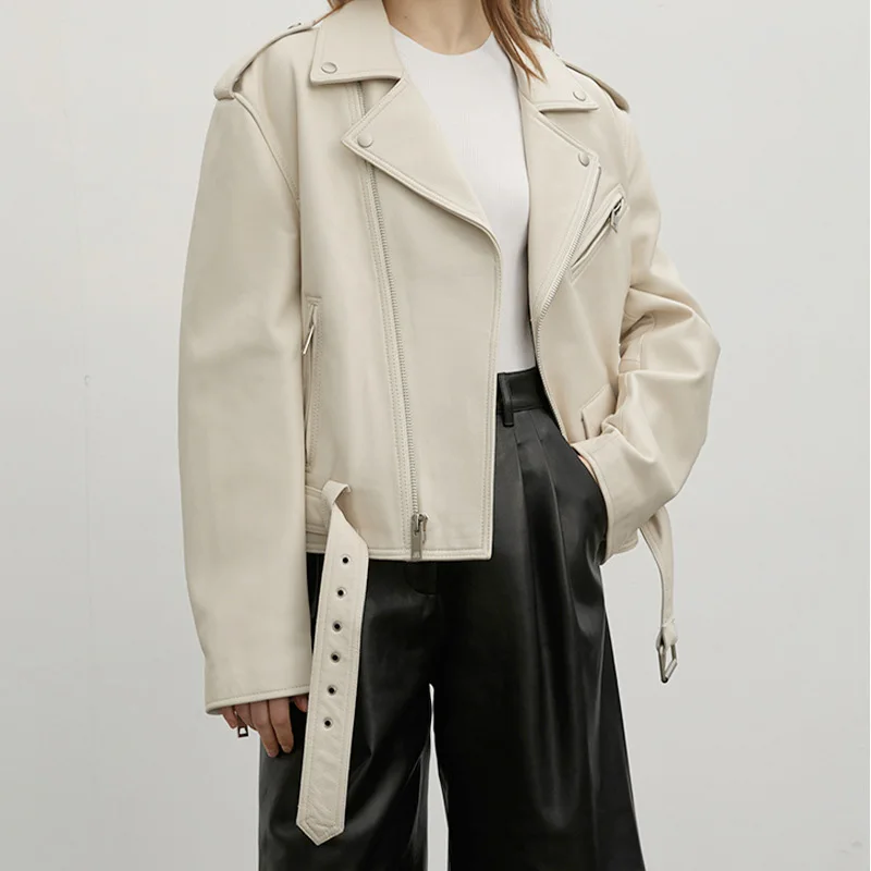 Wholesale Cropped Luxury Women Real Sheepskin Leather Jackets with Zippers