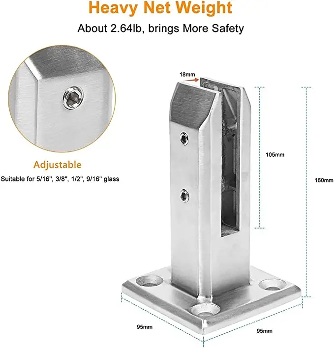 304 Stainless Steel Square Glass Spigots Pool Fence Spigot Clamp Home Garden Stairs Balustrade Railing Balcony Glass Floor Clamp